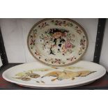 20th cent. Ceramics: Oval meat dish with flying duck design in relief 26ins x 14ins, also Shanghae