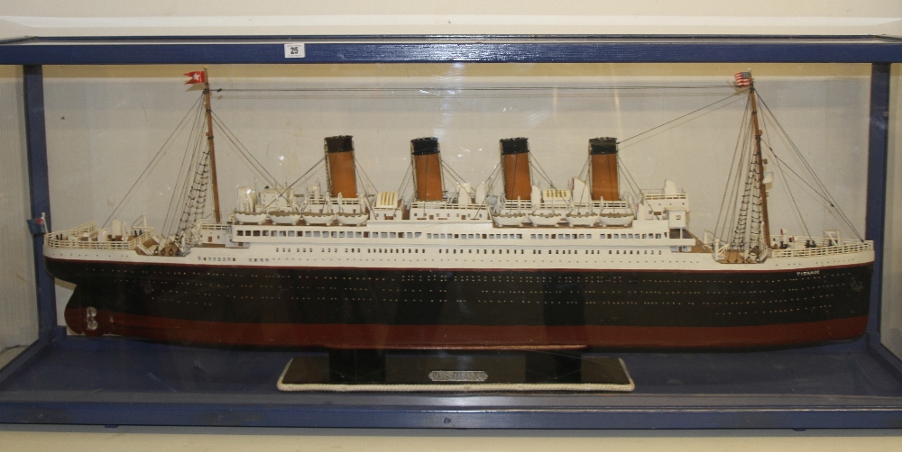 R.M.S. TITANIC: Large scratch built model of the Titanic in bespoke perspex case. 66ins. x 25ins.