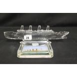 R.M.S. TITANIC: Modern Waterford glass model of Titanic, 11ins. Plus Olympic (illustrations) glass