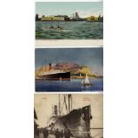 R.M.S. TITANIC: Original Carpathia postcards, one photographic and one colour. Also Cunard wharf,