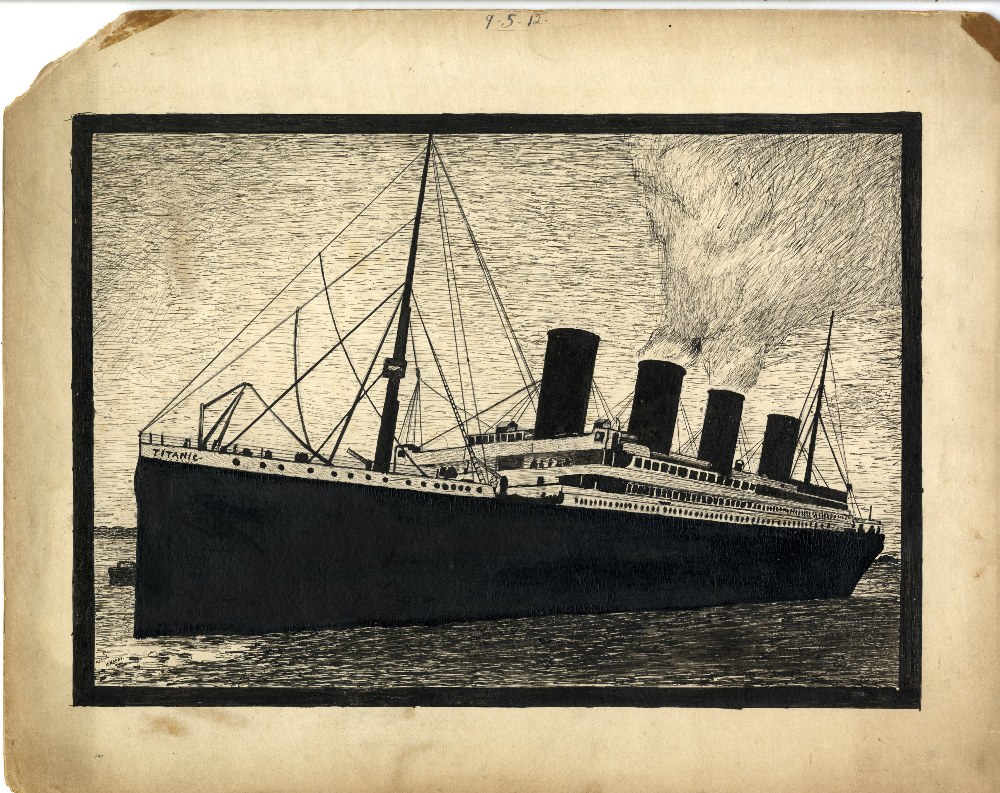 R.M.S. TITANIC: Hardy (H). An original black full-length pen and ink drawing of Titanic, signed in