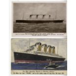 R.M.S. TITANIC: Rare, coloured, artist's impression of Titanic on postcard showing statistics on