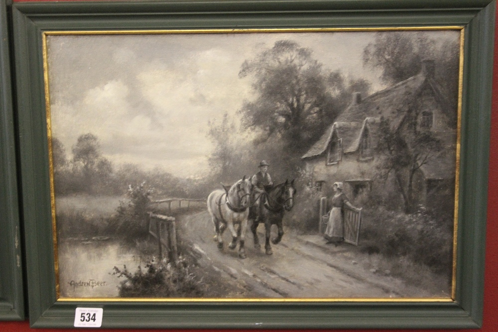 Andrew Beer: Oil on canvas, a study in greys of a rural setting, signed lower left. Framed 17½ins. x