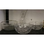 20th cent. Glassware: Cut glass bowls x 3, 1 with plated rim, plus a cut-glass spirit decanter.