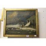 Paintings: 19th cent. Primitive, possibly Russian school, oil on canvas winter scene & frozen