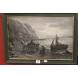Andrew Beer: Oil on canvas, a study in greys of a coastal setting with boats and figures, signed
