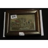 19th cent. Sampler: Needlework - silk on canvas depicting a castle with moat and Norman Keep. Framed