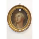 Ellis Family Archive: 19th cent. Pastel in detail of young lady in Renaissance style. Oval gilt