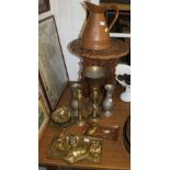 20th cent. Brass and copper trays, jug, candle holders, etc, plus Indian carved folding table.