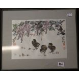 20th cent. Japanese: Silk painting with seals & signatures, studies of flora & chicks. Framed and