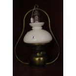 19th cent. Brass hanging oil lamp with shade and flu.