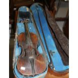 Early 20th cent. Musical Instruments: Violin & bow in a black case. All a/f.