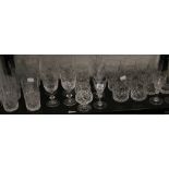 20th cent. Cut Glass: 6 Tumblers, 6 spirit glasses, 6 water glasses, 6 wine glasses with ring stems,