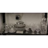 20th cent. Glassware: Two cut glass decanters, brandy balloons, wine glasses, tumblers, bowl etc.