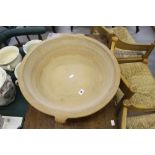 Rustic Ceramics: Mortarium style thrown dish with handles 21½ins diameter x 5ins high.