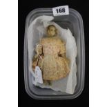 19th cent. Doll: Poured wax doll, head, shoulders, arms and lower legs, body, cloth painted face and