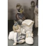 20th cent. Ceramics: Nao pair of playful Spaniel puppies plus a fancy boot and a baby with dish,