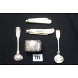 Hallmarked Silver: Mustard spoons, William IV and Victoria, both London. Napkin ring, Birmingham,