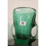 20th cent. Glassware: Retro two handled green bulbous bubble glass vase.