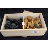 20th cent. Games: Ajedrex Staunton No 5 chess set contained in a pine box.