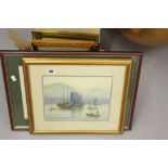20th cent. Watercolours & Prints: Floral watercolour Chinese junks and sampans plus 4 other prints.