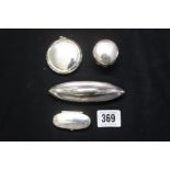 Hallmarked Silver: Pill box, nail buffer, rouge pot and a handbag powder compact & mirror.