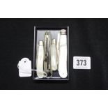 Hallmarked Silver & Mother Of Pearl: Folding fruit knives (3) plus mother of pearl and steel