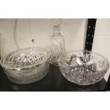 20th cent. Glassware: Cut glass bowls x 3, 1 with plated rim, plus a cut-glass spirit decanter.