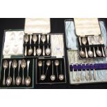 Hallmarked Silver: Boxed teaspoon sets 3 x 6 Sheffield, 1 x 6 coffee spoons plus 6 Edinburgh cake