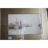 A L Moore 1915, watercolour, study of ships in port, signed lower left, framed and glazed, 14ins x