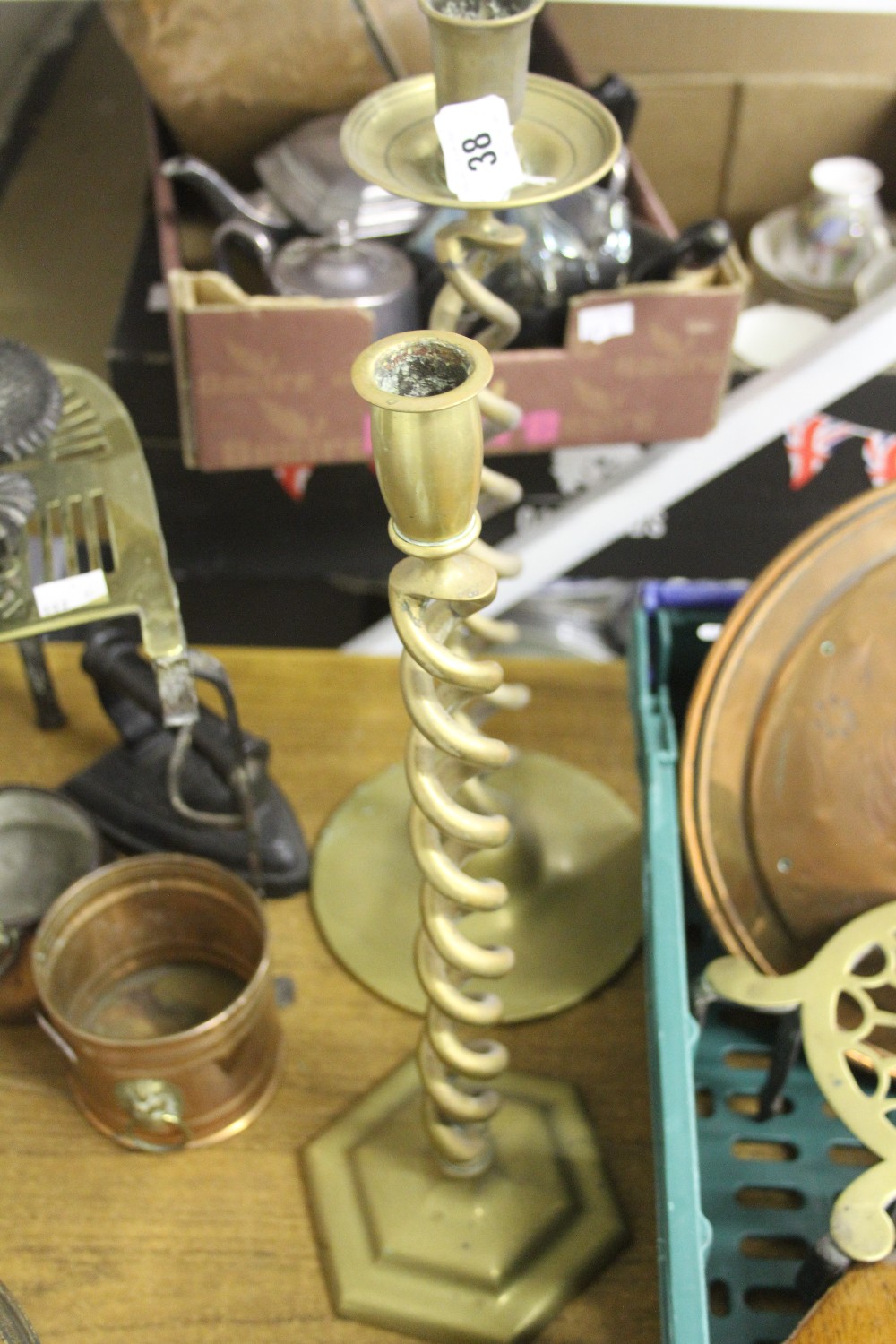 Late 19th cent. Brass double helix candlestick with wide base 20ins, plus another smaller example