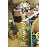 Late 19th cent. Brass double helix candlestick with wide base 20ins, plus another smaller example