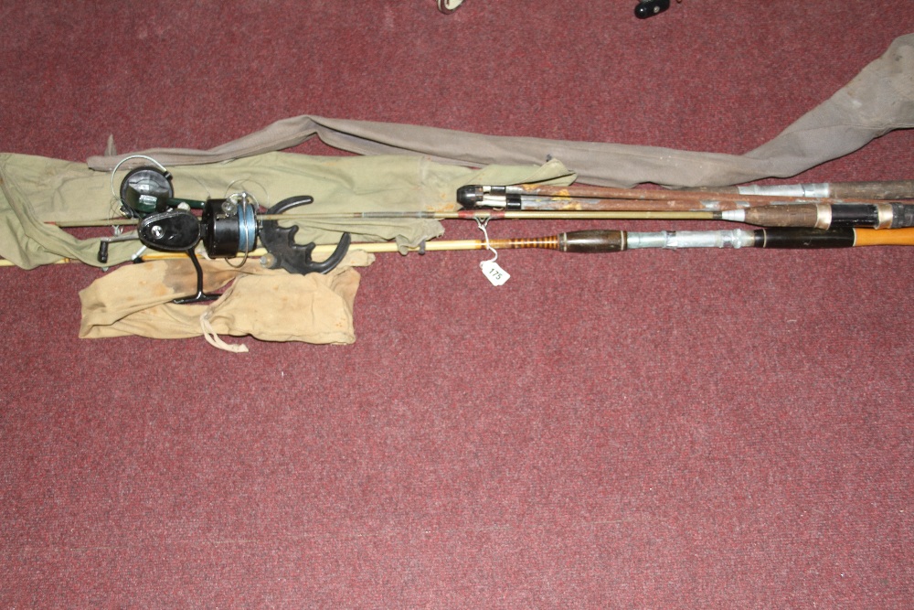 Fishing: Course & fly rods x 3, a tripod rod holder, all with cloth sleeves, a Garcia Mitchell 307