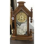 Clocks: Oak wall clock Ansonia, Gothic style with glass printed door.