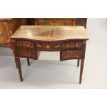 Early 20th cent. Mahogany inlaid serpentine dressing table, 2 x 2 drawers and shield shaped mirror