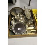 20th cent. Plated: Salver, 3 compartment serving dish. Flatware - ladle, knives, forks, spoons