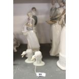20th cent. Ceramics: Lladro girl with cockerel and basket, 4591, 2 geese plus Lladro girl with