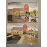 Ellis Family Archive: Rosemary Ellis 1910-1998, watercolour on card paper of a water mill, signed