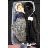 Toys - Doll: German made doll dressed in WWI nurses uniform lace cap, black clock, check apron,