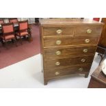 19th cent. Mahogany chest of 4 over 2, inlaid beading, brass furniture depicting rural shooting