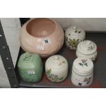 20th cent. Ceramics: Radford 2 x hand decorated floral preserve pots, Shorter green art deco