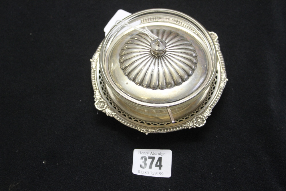 Hallmarked Silver: Preserve dish holder, cover and spoon with cut glass preserve dish 3½oz approx.