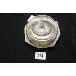Hallmarked Silver: Preserve dish holder, cover and spoon with cut glass preserve dish 3½oz approx.