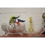 20th cent. Glassware: Cut glass bowl on 3 supports, single glass candle holder, boat shape cut glass