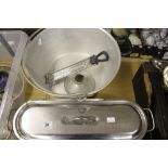 Kitchenware: Stainless steel fish kettle 18ins, aluminium preserving pan, funnel and a jam