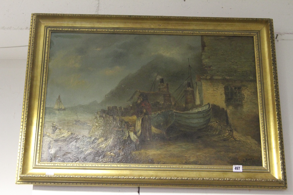 J Maggs, oil on canvas, coastal study with Fishermen's cottages, figures and boats, signed lower