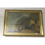 J Maggs, oil on canvas, coastal study with Fishermen's cottages, figures and boats, signed lower