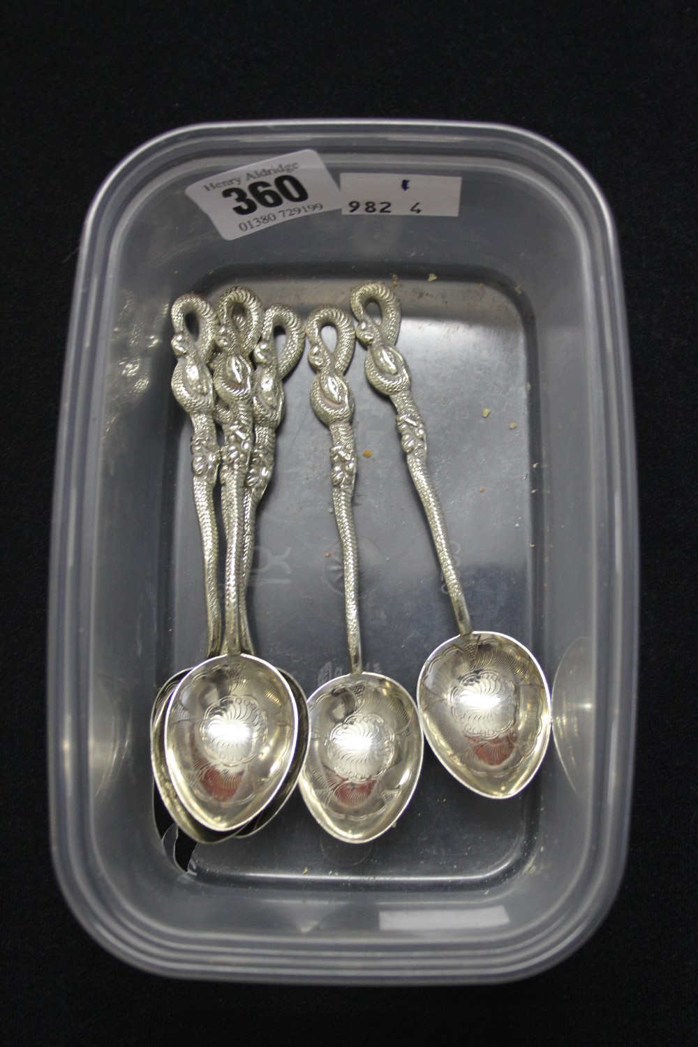 Japanese set of 6 spoons, chrysanthemum etched bowl, snake handle stamped Nagasaki 84 to rear of