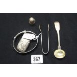 Hallmarked Silver: Vesta, bracelet, sugar tongs, mustard spoon and thimble. Approx. 2oz.