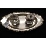 Hallmarked Silver: Desk stand, 2 glass inkwells, shaped oval rim London 1903, Walker Hall 7½oz.